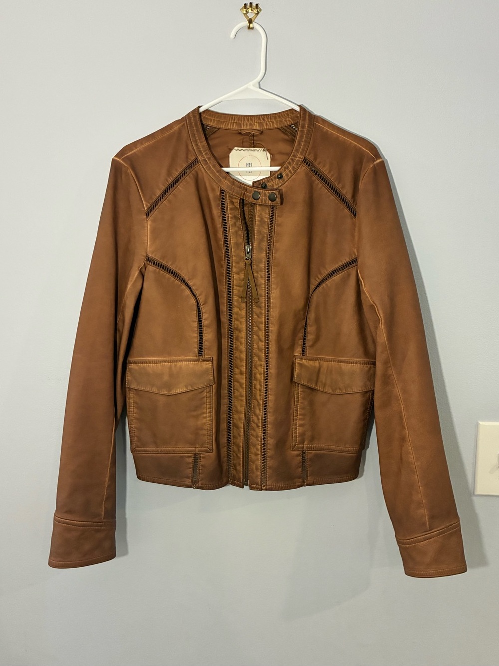 Women's Tan Leather Bomber Jacket with Front Zip